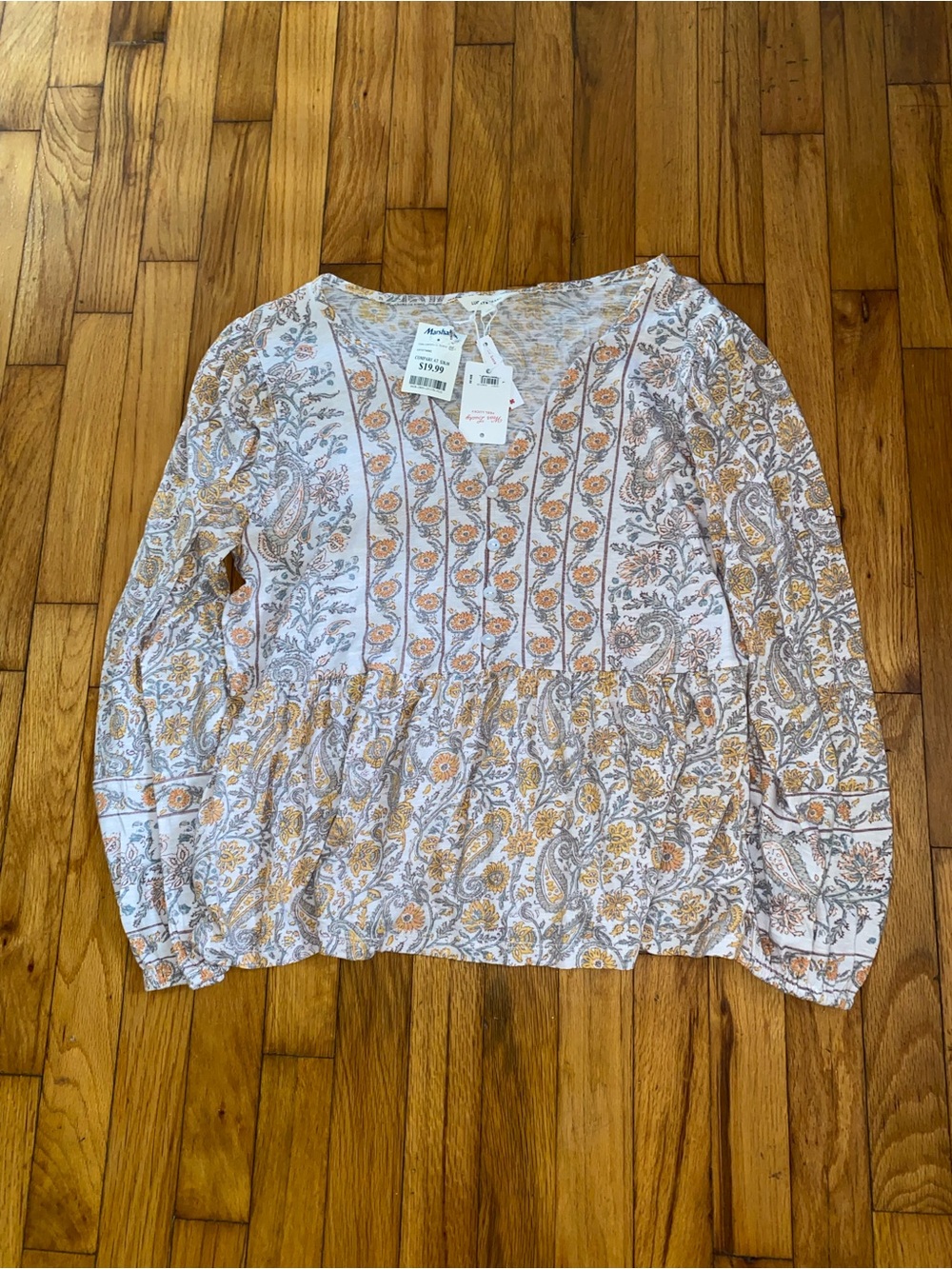 Lucky Brand Paisley Floral Peasant Blouse in Cream & Mustard